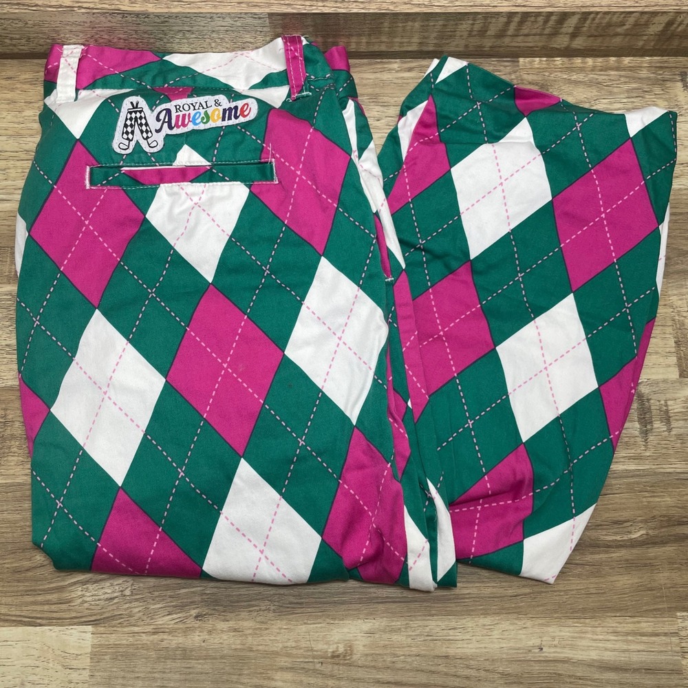 Royal & Awesome Mens Argyle Golf Pants Trousers Pink Green White 34x30 Cotton